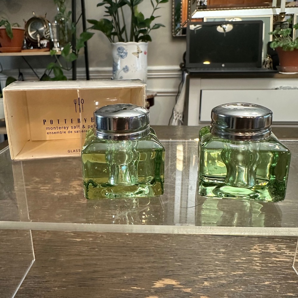 Pottery Barn Monterey collection Green Icecube Salt and Pepper Shakers NEW